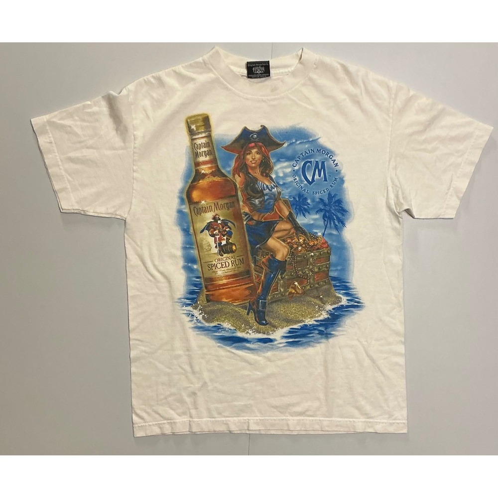 Y2K VTG Captain Morgan Spiced Rum Sexy Pirate Woman Treasure T-Shirt White L